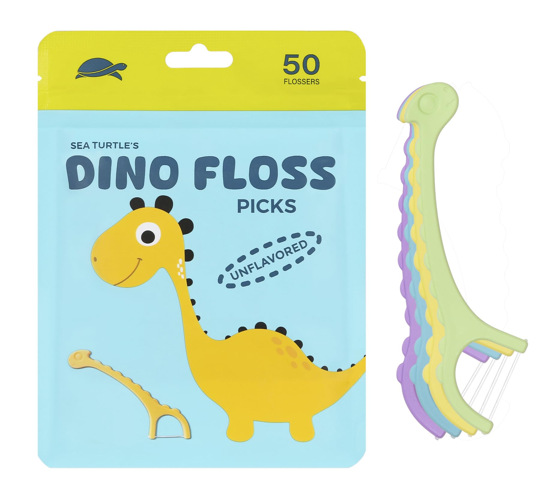 Sea Turtle Kids Dino Floss Picks – Griff aus Maisstärke – Dünner Faden Zahnseide – ohne Geschmack (50)