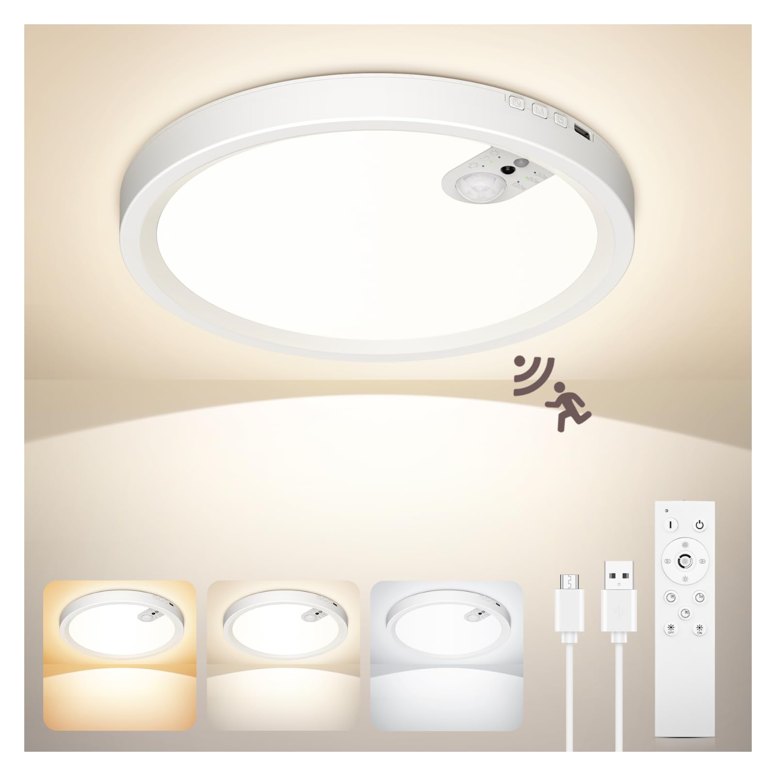 ONEWEST Rechargeable Motion Sensor Ceiling Light with Remote, Cordless 7000mAh Battery Operated Sensor Light Indoor, 3 Colors & 30s/60s/120s Induction Timing for Garage, Shed, Loft, Bedroom, Hallway