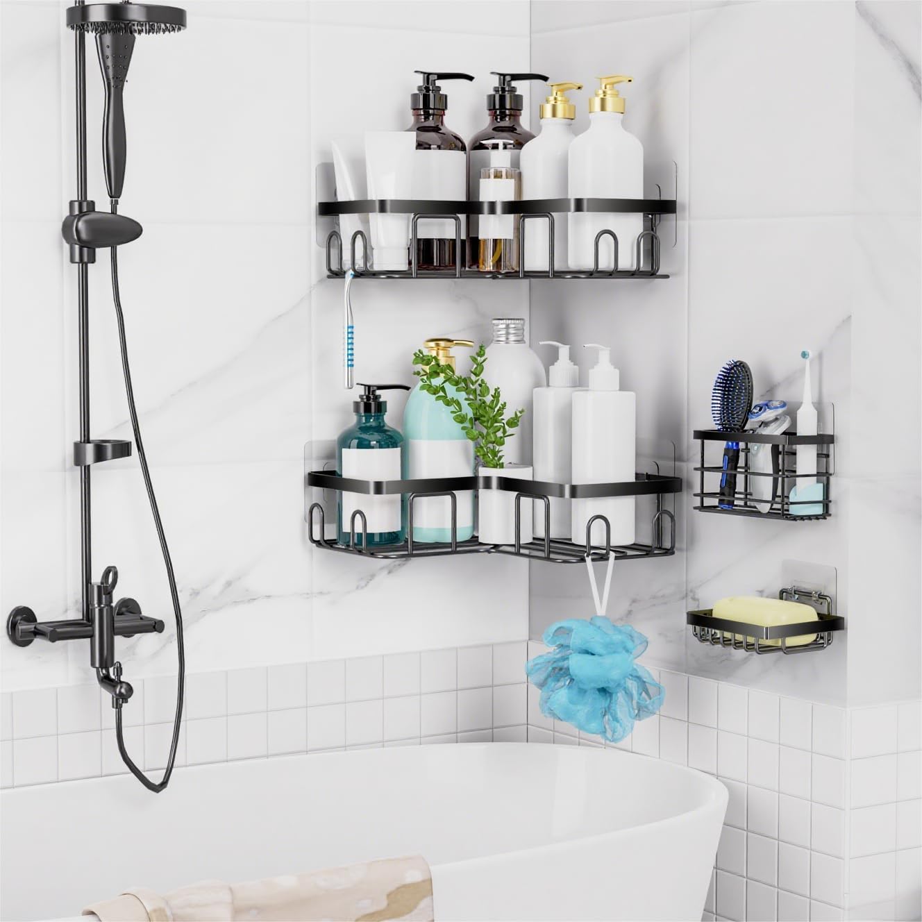 Moforoco 5-Pack Shower Caddy, L-Shaped, 10.2in Diameter, 90-Degree Right Angle, Rustproof, Easy Installation, 12 Hooks, Soap Holder, Adhesive Corner Shower Organizer, Black image 5