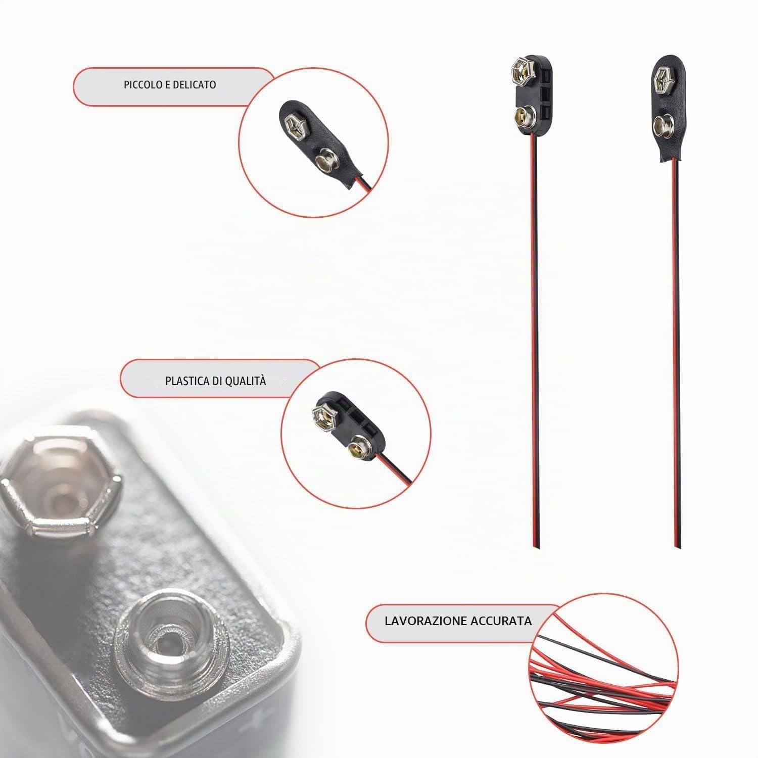 2 pezzi cavetto connettore per batteria 9V - cavo connessione pila 9V 2 pezzi cavetto connettore per batteria 9V - cavo connessione pila 9V