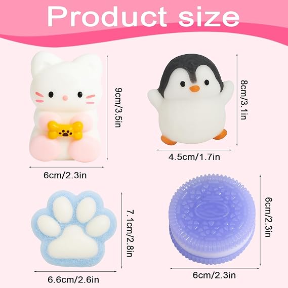 SSKHE 4 Pcs Taba Squishy Set – Purple Sandwich Biscuit + Blue Cat Paw + Black & White Penguin + White Kitten | Squeezeable Fidget Toys for Stress Relief | for Party Favors & Daily Anxiety Relie