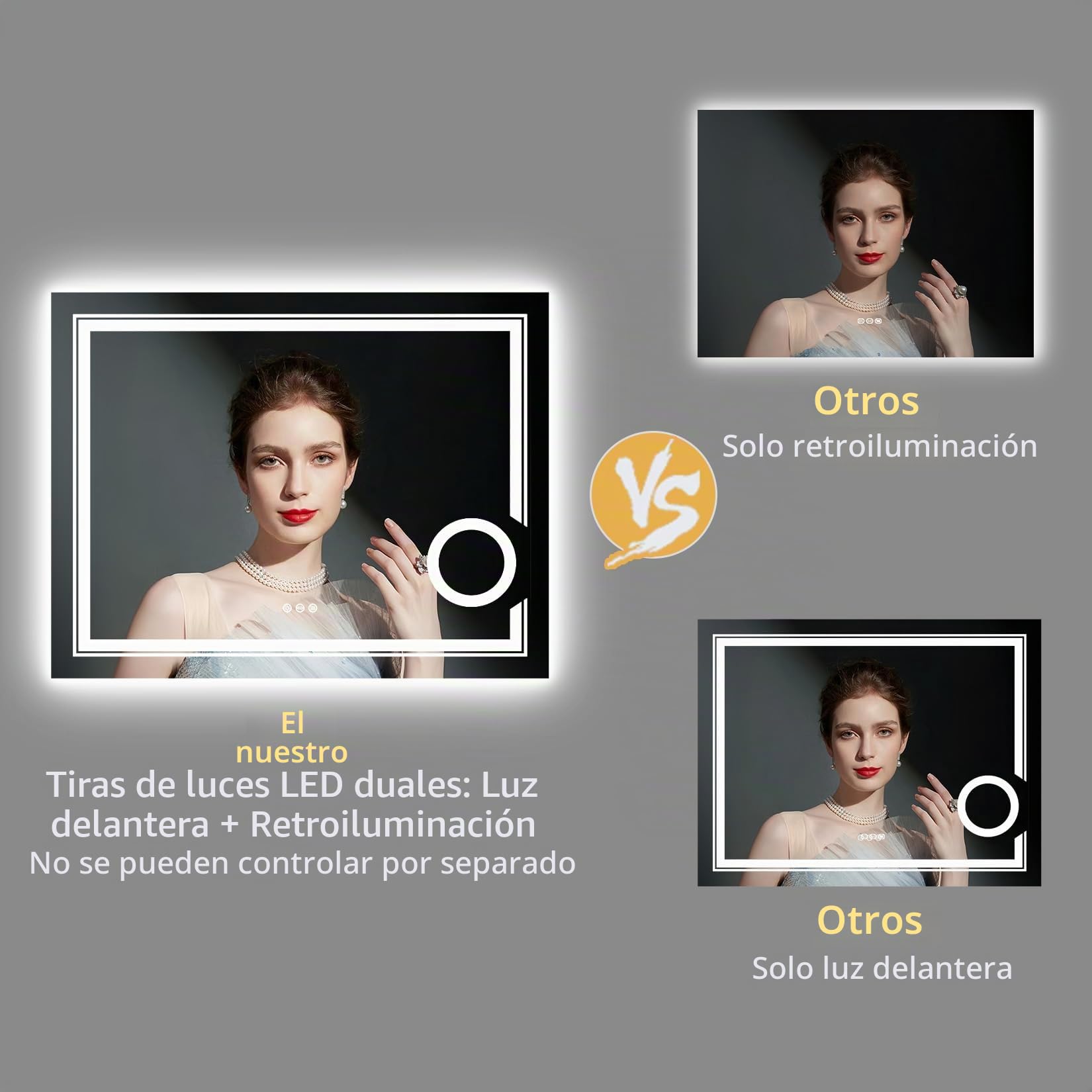 LUVODI Espejo de Baño Pared 70 x 90 cm con 3X Aumento Luz LED Frontal y Retroiluminado Espejo Baño Moderno con Interruptor Táctil Función Antivaho Memoria, IP56, CRI>97,CE, para Lavavo Tocador