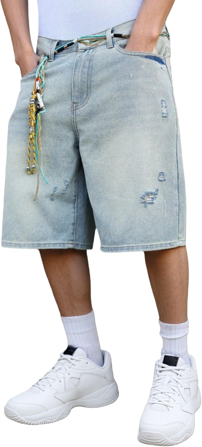 Mens Baggy Jean Shorts (no Belt) Washed Loose Leg Jorts Street Style Y2K Hip Hop Casual Denim Shorts