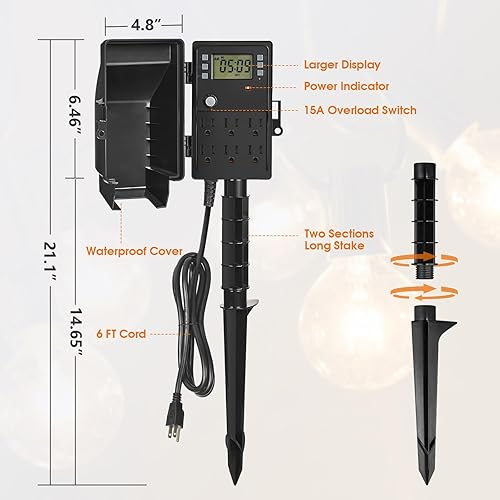 Miniatura 7 de SURAIELEC Estaca de alimentación para exteriores, temporizador digital programable de 7 días, regleta de alimentación resistente a la intemperie, 6