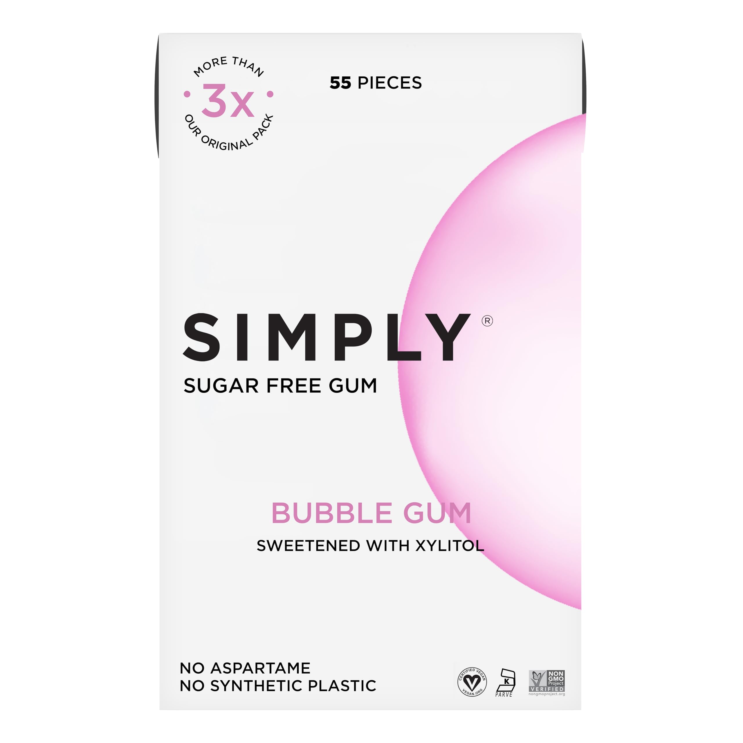 SIMPLY Gum Bulk Size | Sugar Free Xylitol Chewing Gum | Bubblegum | Pack of 1 (55 pieces) | Synthetic Free + Sugar Free + Aspartame Free