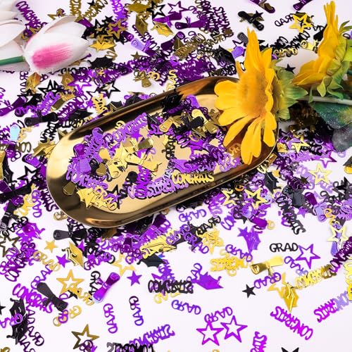 Image of Purple Gold and Black Graduation Confetti 2026, 1000 Pcs Congrats Grad Confetti Class of 2026 Party Table Centerpiece for 2026 Graduation Party Decorations