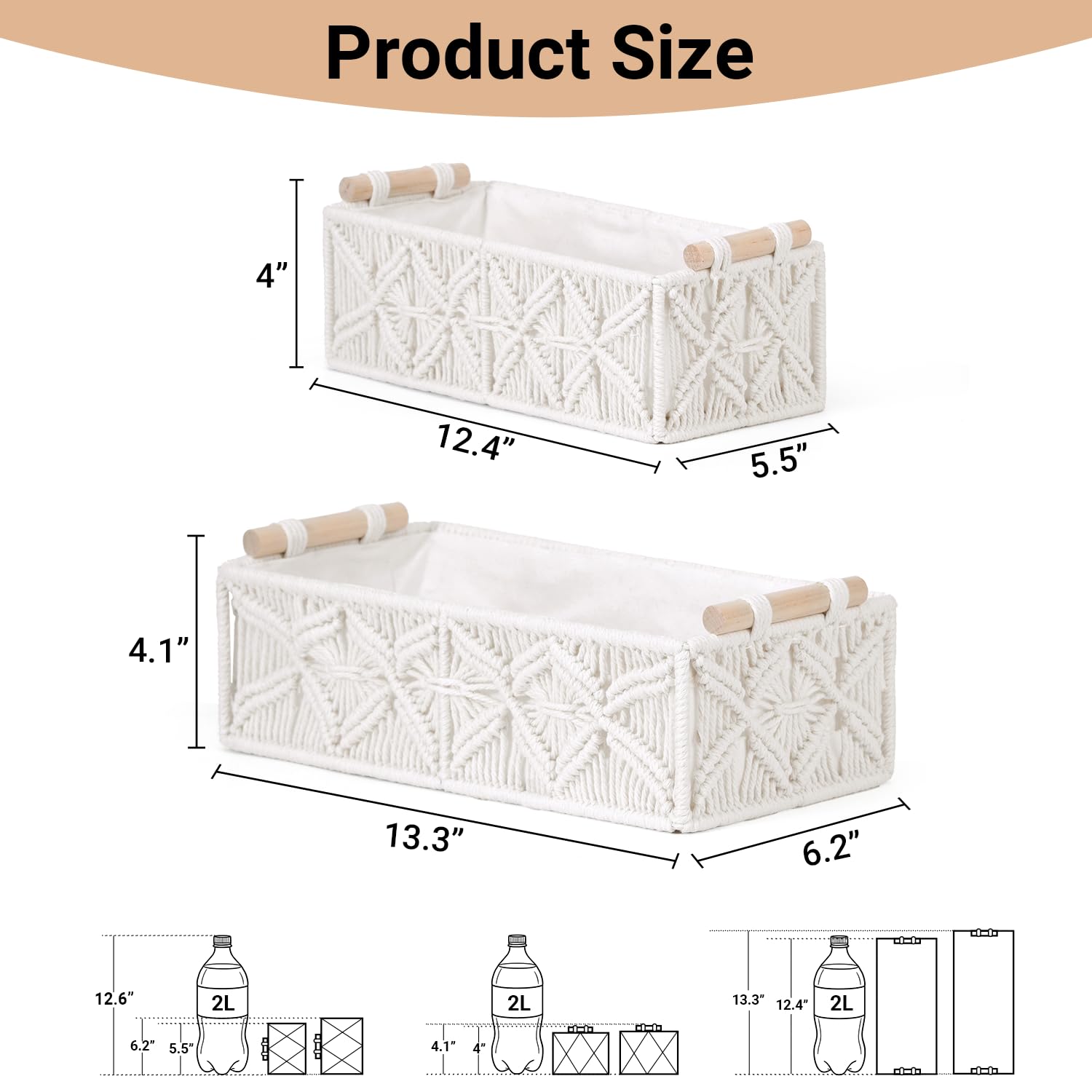 Nonam Macrame Storage Baskets, Boho Decor Style Woven Storage Boxes for Home Organization, Toilet Tank Shelf Cabinet Organizer Baskets,Set of 2 - White