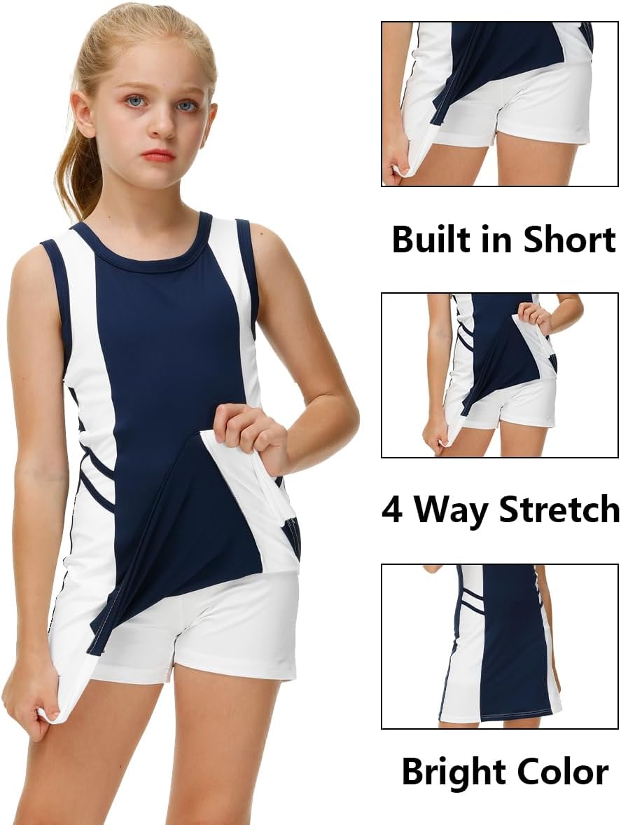 AOBUTE Girls Tennis Outfit 2 Piece Set Sportswear Tank Dress and Shorts 4-12Y - Image 3