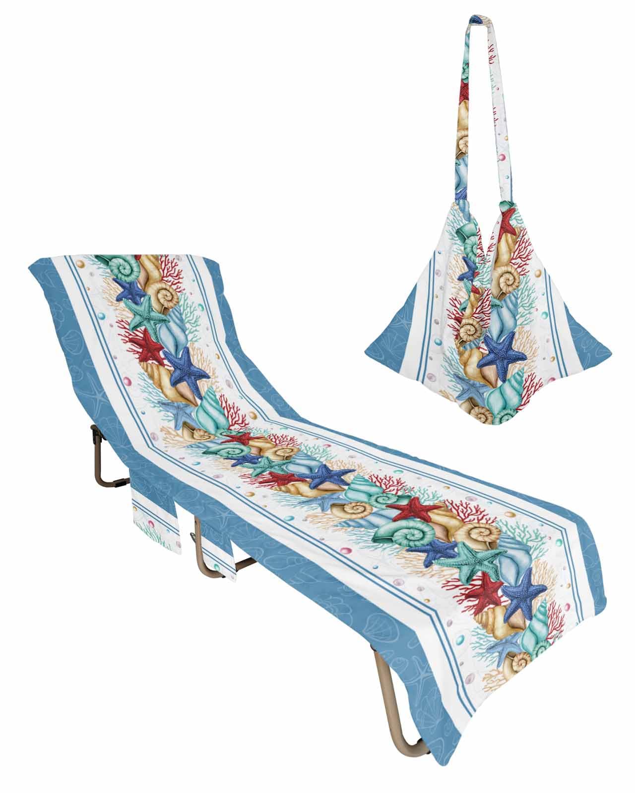 Blue Coastal Beach Lounge Chair Towel Cover, Soft Chaise Lounge Towel with Side Pockets Patio Pool Chairs Cover for Beach/Pool Sunbathing 29x85 Nautical Starfish Coral Shell Beach Ocean