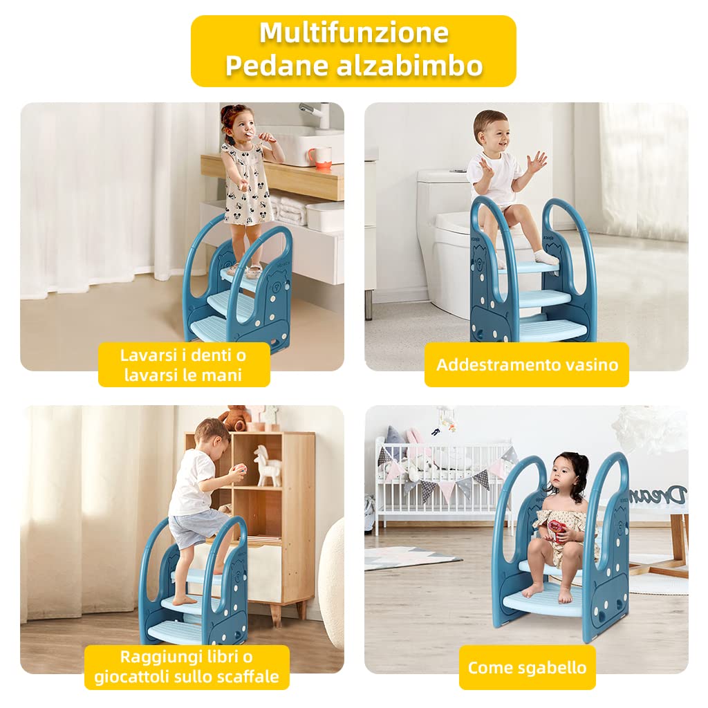Onasti Scaletta gradini, Sgabello a tre gradini per bambini, Sedile per Addestramento per WC, Scaletta Bagno per bambini, Multifunzione, Regolabile in Altezza, Funzione Antiscivolo - (Blu)