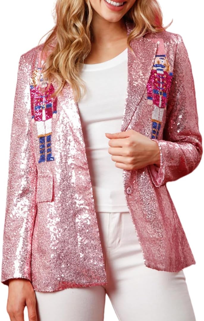 Nutcracker Blazer Pink Sequin Nutcracker Jacket Christmas Blazer Shiny Suit Jacket Open Front Glitter Holiday Blazers