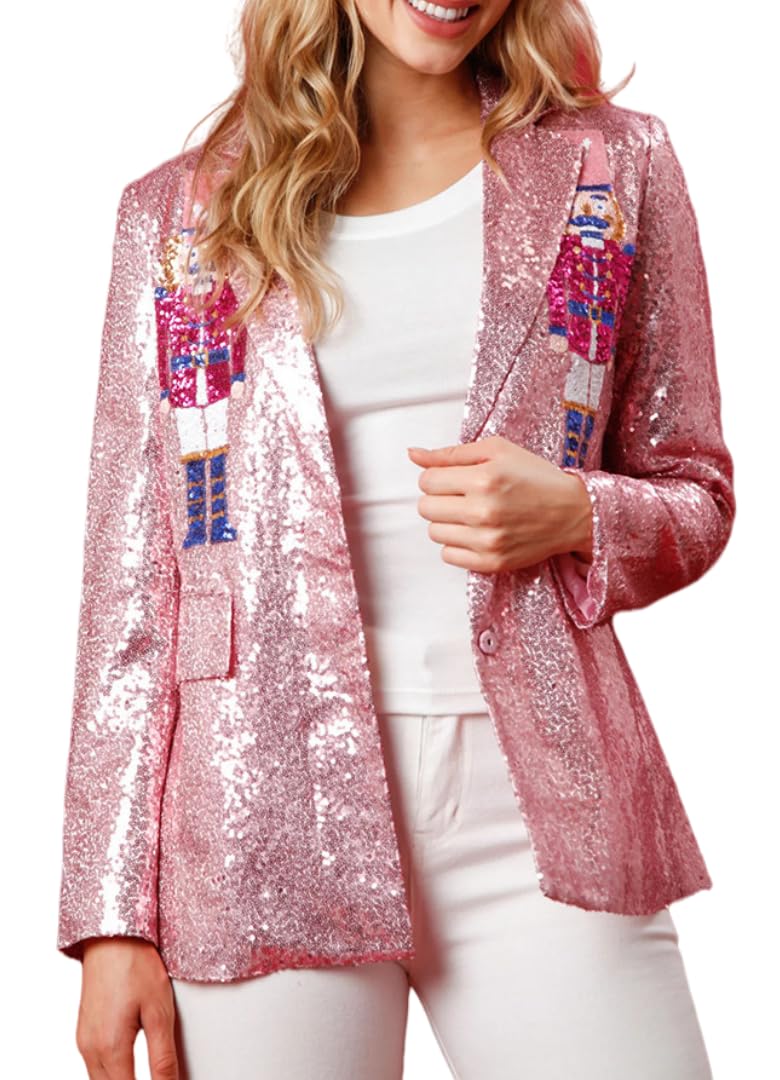 Nutcracker Blazer Pink Sequin Nutcracker Jacket Christmas Blazer Shiny Suit Jacket Open Front Glitter Holiday Blazers
