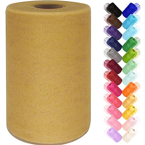 Tulle Fabric Roll 6 Inch by 100 Yards (300 ft) Gold Tulle Ribbon Sheer Mesh Netting for DIY Tutu Skirt Gift Wrapping Wedding Baby Shower Birthday Halloween Party Decorations Crafts 34 Colors (Gold)