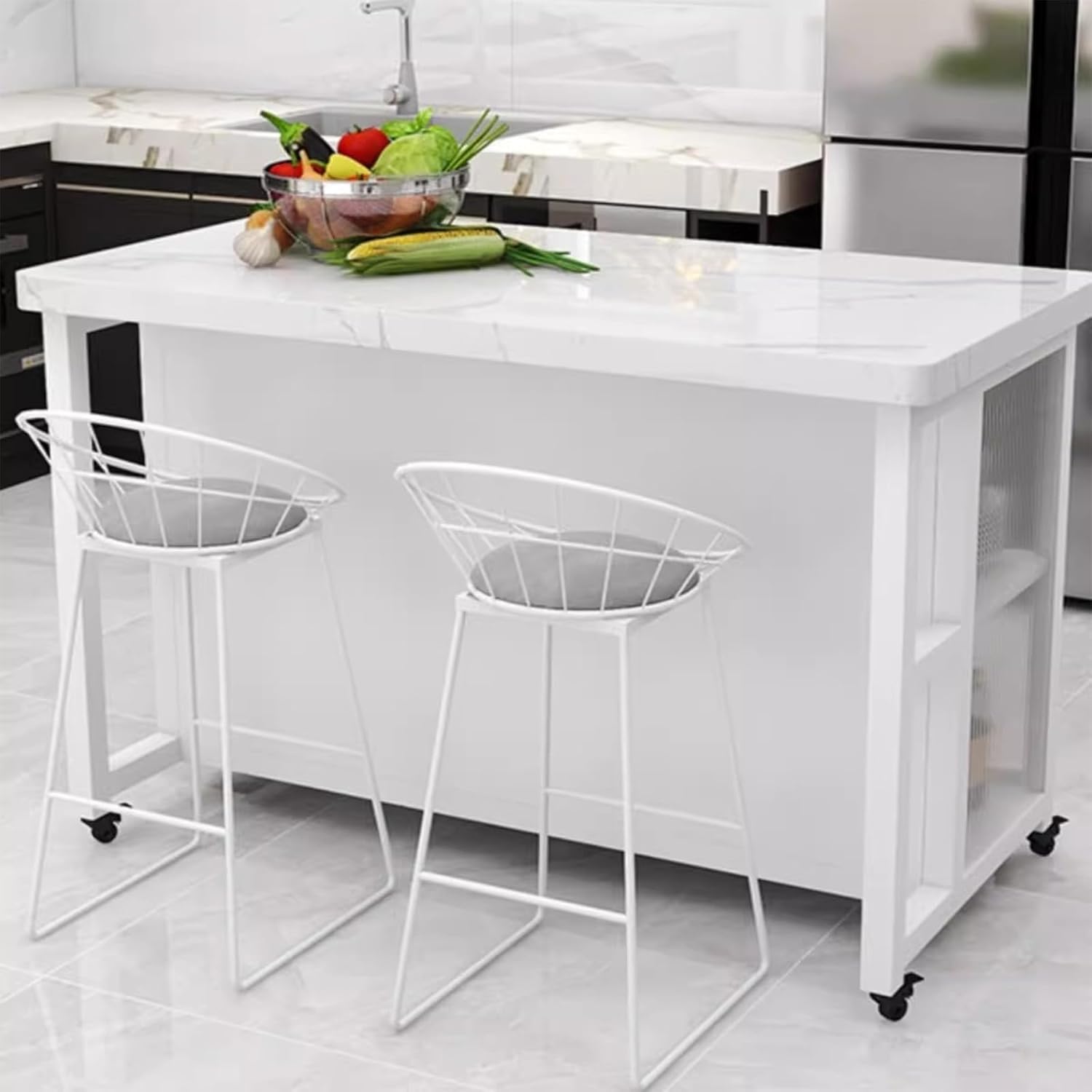 Storage Trolley Kitchen Island Cart Rolling Cabinet Stone Top Metal Frame Mobile Storage Trolley Shelving Organizer(Black,Medium)