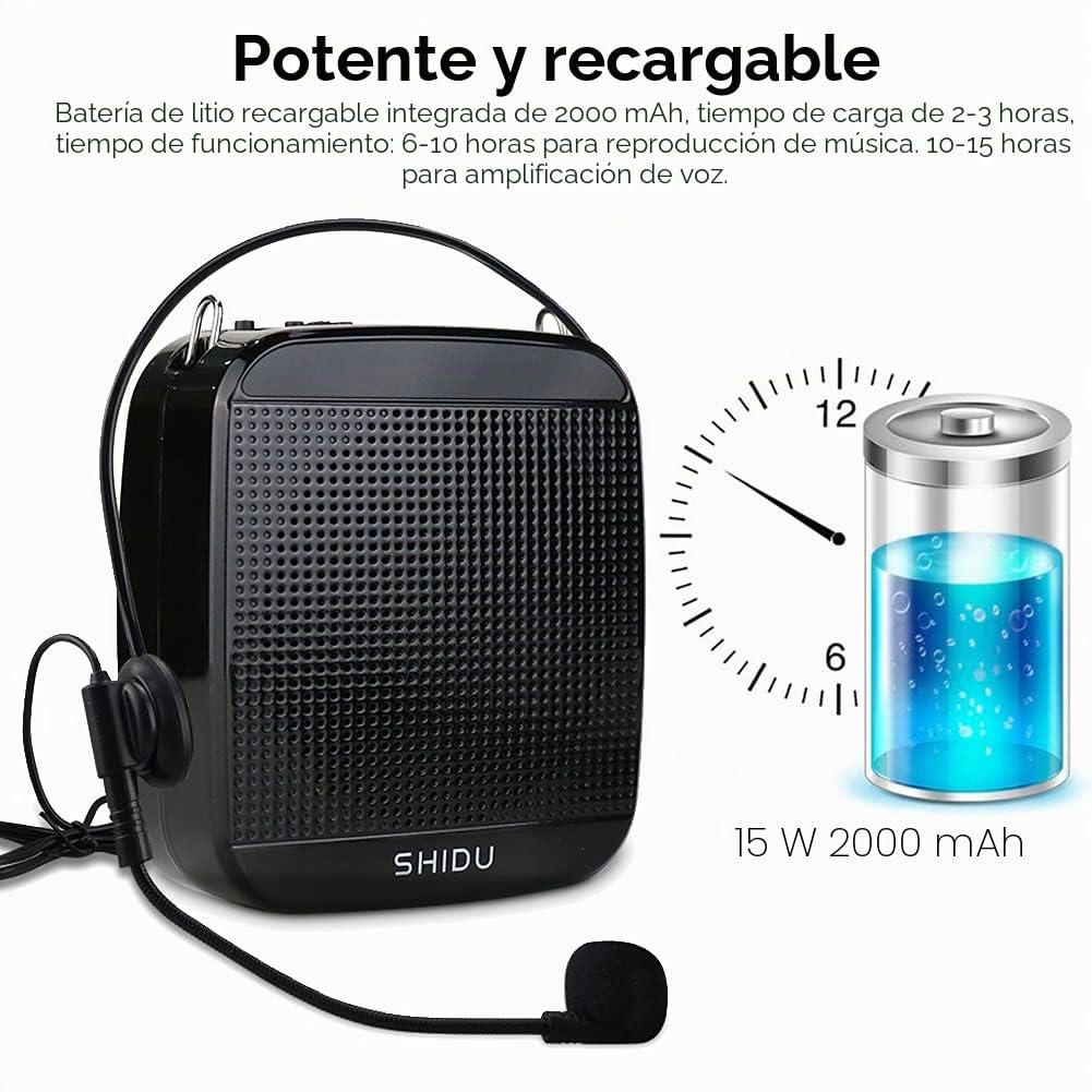 Shidu Amplificador de Voz con micrófono portatil Profesional Mini amplificadores de Voz 30W batería Recargable Sistema de megafonía con micrófonos para Profesores, aulas, reuniones y Exteriores
