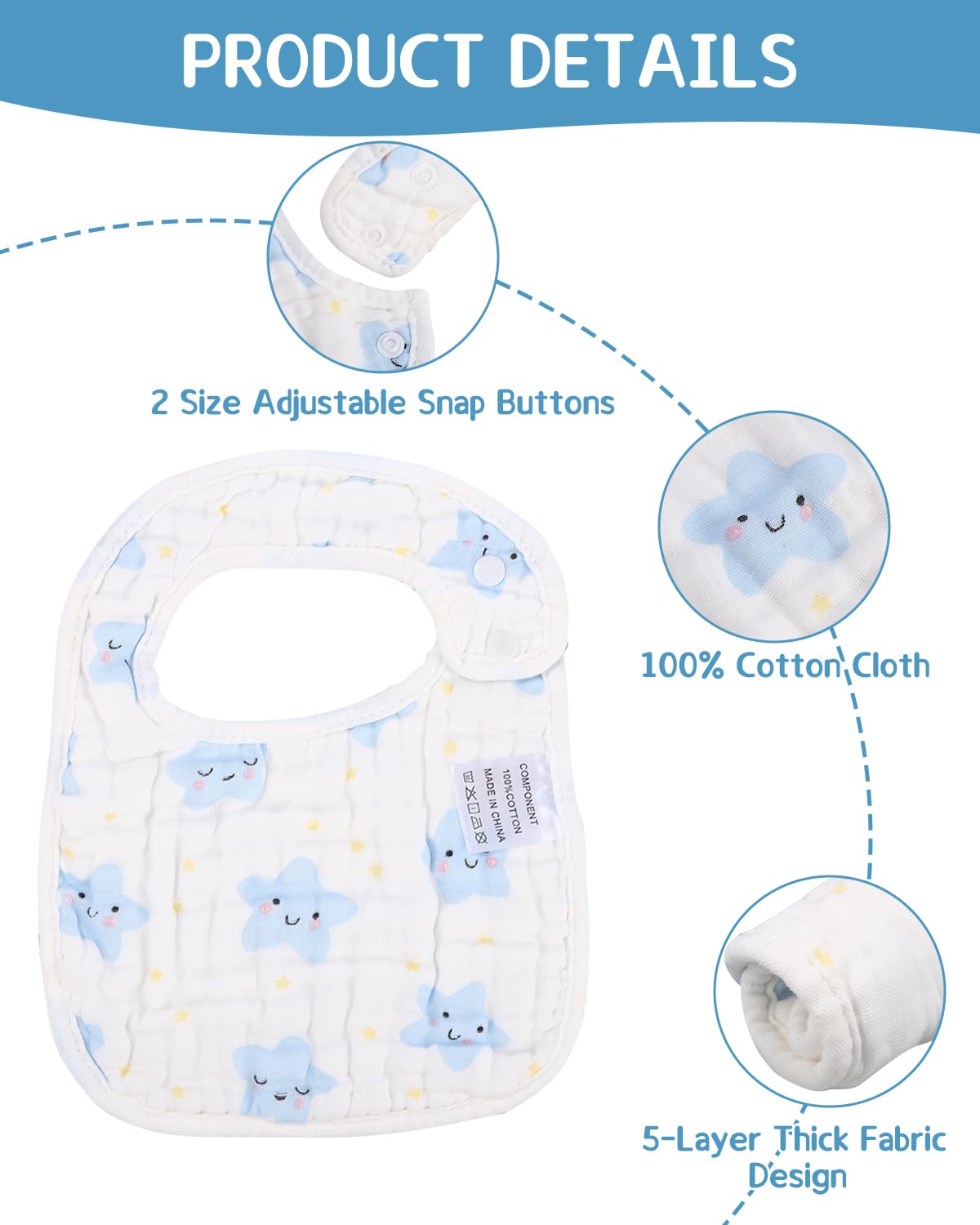 Toaren 7 Pezzi Bavaglini Neonato,Bavaglini Bavaglino Impermeabili con Bottoni a Pressione Regolabili,Bavaglini Impermeabili Cotone,Ultra Morbidi e Assorbenti,per Sbavature,per Neonati/Lattanti/Bimbo