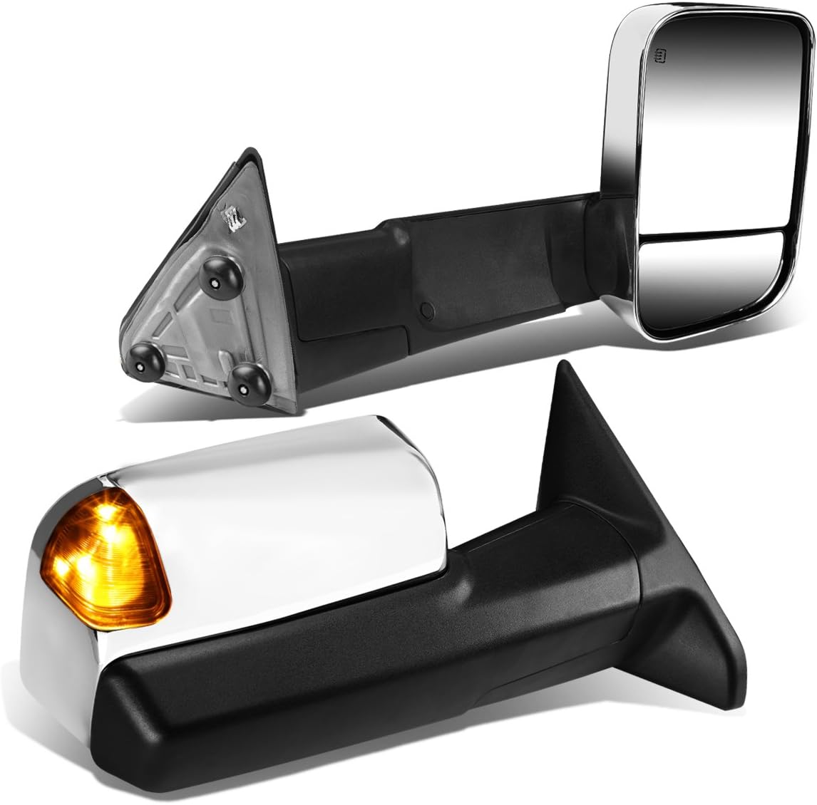 Auto Dynasty Pair Chrome Power Heated Amber LED Turn Signal Lights Tow Mirrors w/Puddle Lamps Compatible with Dodge Ram 09-16