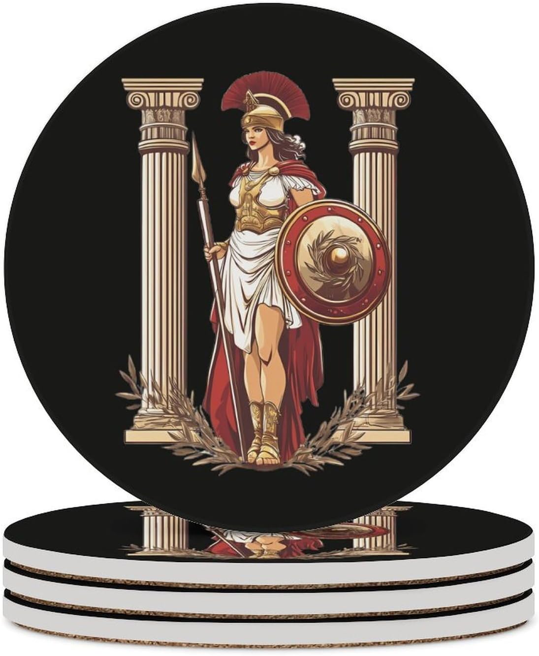 Athena Greek Goddess Funny Round Ceramic Coasters for Drink Absorbent Cup Holders Tabletop Protection