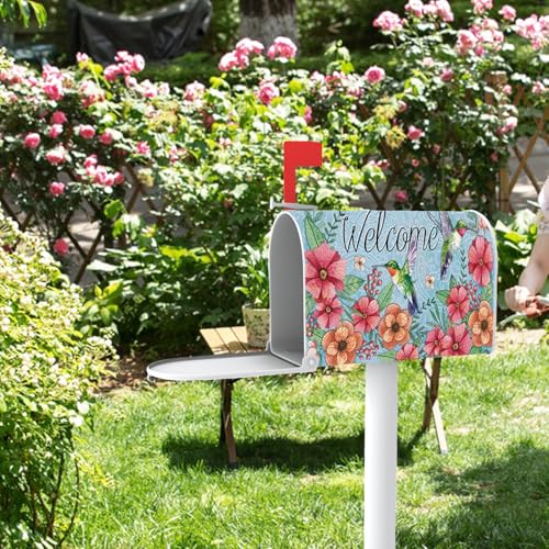 Image of Welcome Spring Summer Mailbox Cover Magnetic Standard Size 20.5 inch x 18 inch, Hummingbird Anemone Flower Blue Decorative Post Letter Box Wrap Decor, Floral Seasonal Garden Yard Outdoor Decoration