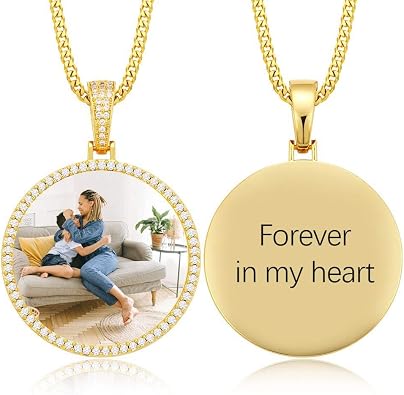 YIMERAIRE Custom Picture Necklace Personalzied Engraving Message/Name Big Round Photo Pendant Iced Out Prong Set Memory Necklace with Picture Hip Hop Jewelry for Men Women