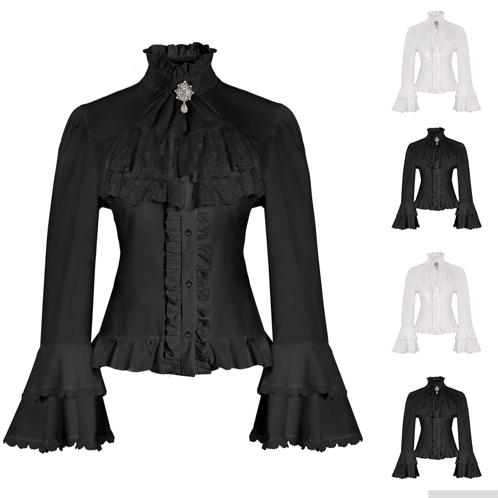 Camicetta da donna in stile vittoriano, vintage, con fiocco, colletto alto con volant, a maniche lunghe, stile medievale, per carnevale, steampunk, con pieghe