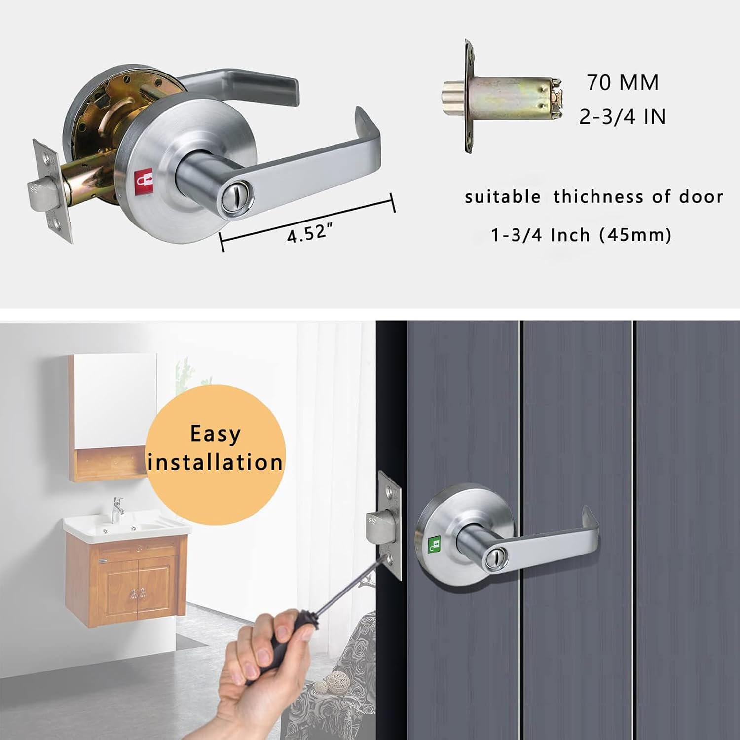 Heavy Duty Commercial Grade 2 Privacy Door Lever, Satin Chrome Finished ADA Commercial Bathroom Door Handle, UL 3 Hour Fire Rated Ergonomic Lever, 70mm Latch