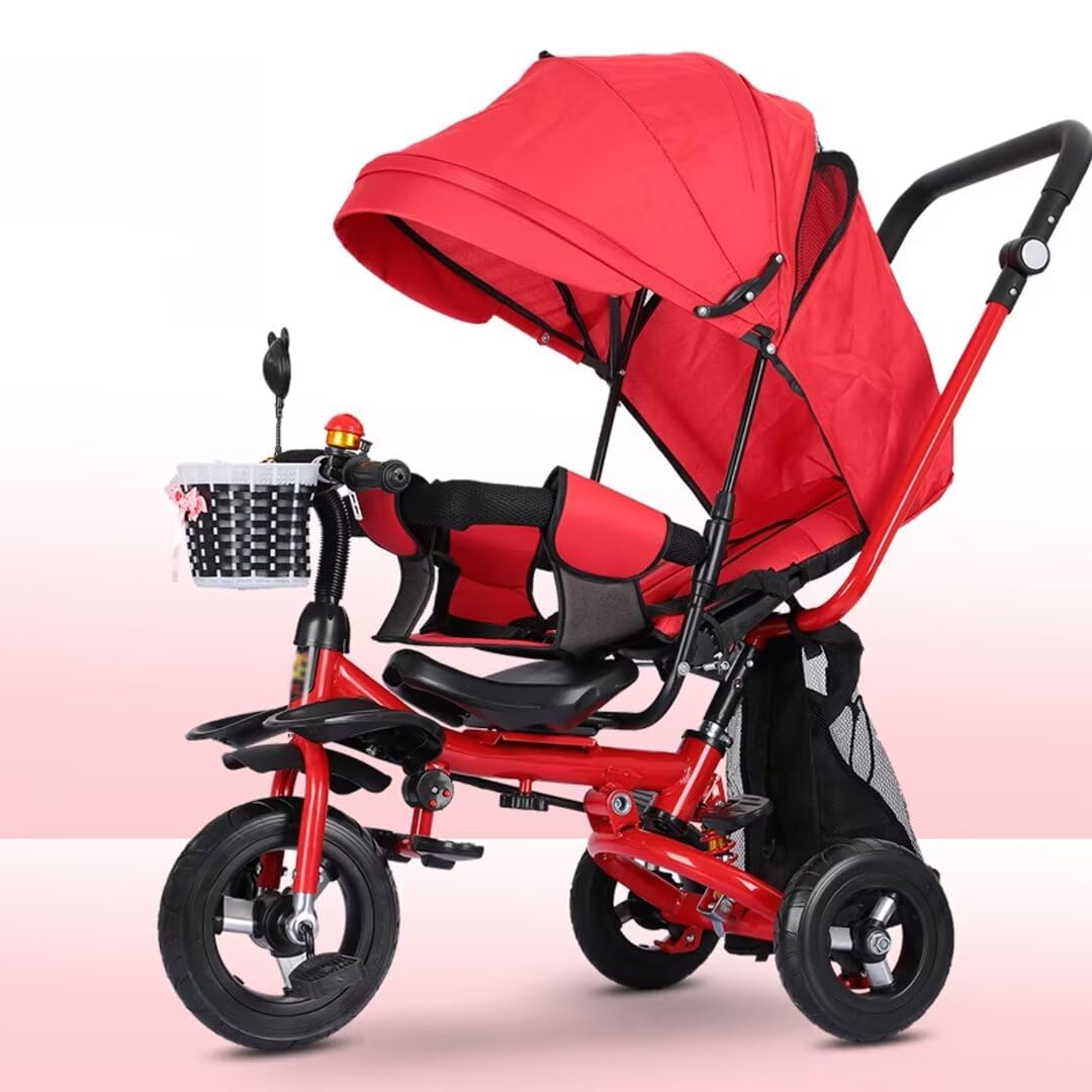 5 in 1 Toddler Stroller pram with Canopy,Toddler trikes Buggies with Shock Spring,Reclining Swivel seat with Belt and guardrail,Parent Steering Tricycle with pushrod,Rear Wheel with Double Brakes (re