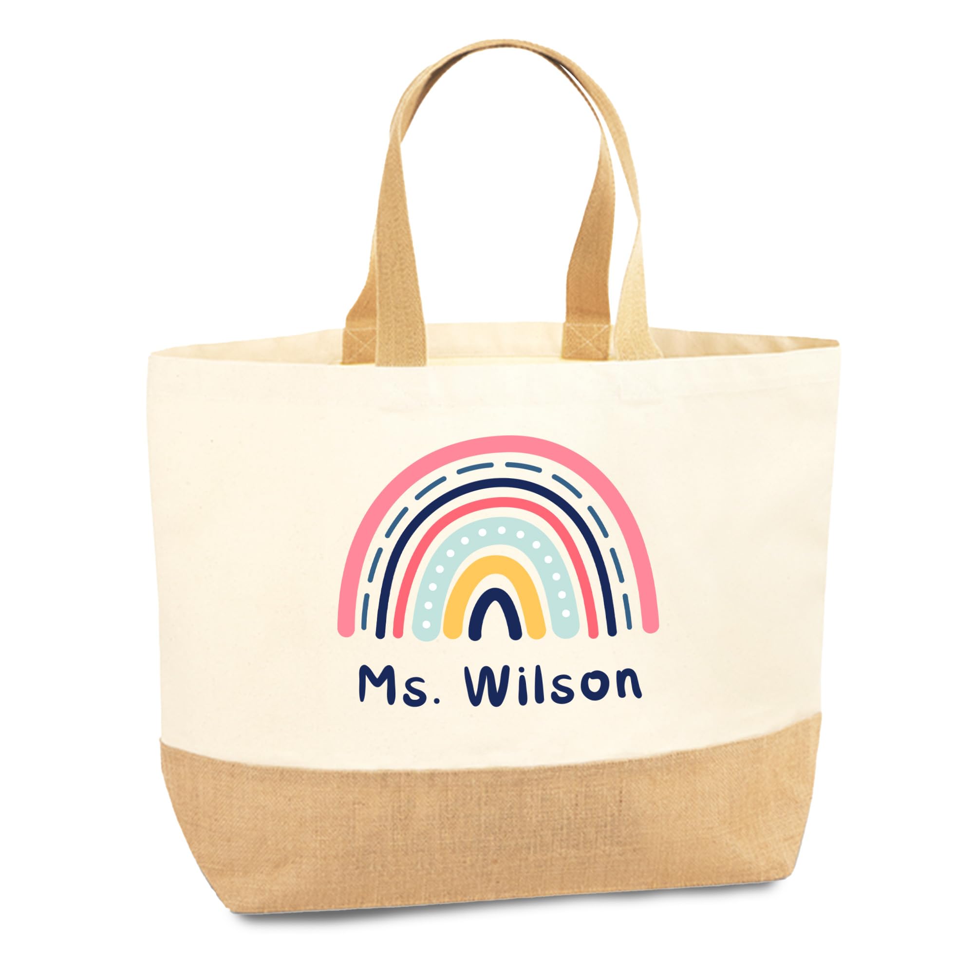 Print Maniacs Personalised Rainbow Tote Bag Teacher Gift Custom Name Shopping Bag For Teacher Nursery Assistant School Staff Appreciation Gift End Of Year Thank You Canvas Jute Bag