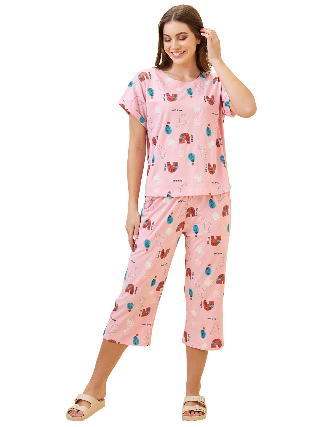 AV2 Women's Cotton Printed Round Neck Short Sleeve Night Suit Set | Capri Set | Casual Night Dress for Women-2895