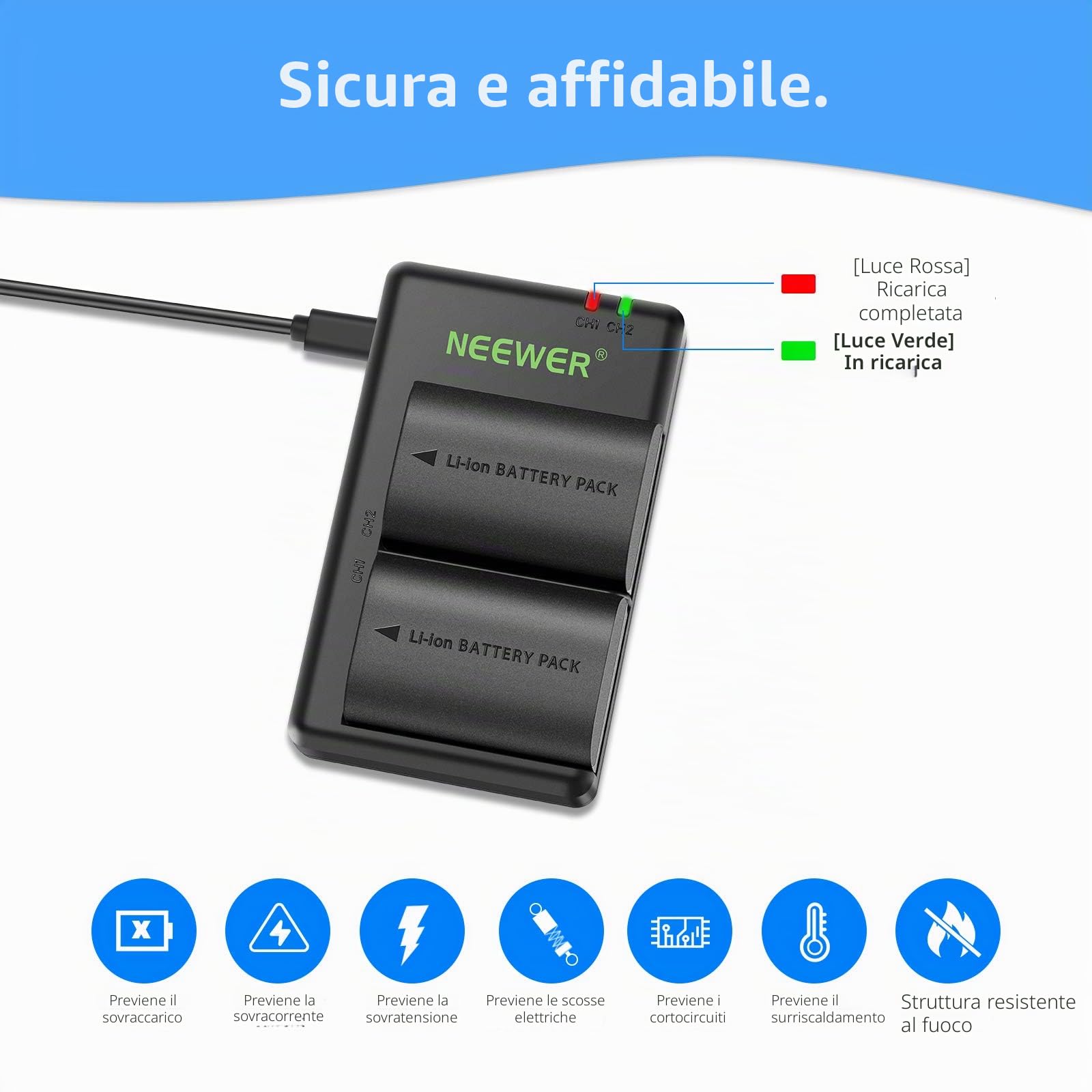 NEEWER Batteria di Ricambio LP-E6NH Caricabatterie Ricaricabile Compatibile con Canon EOS R7, R5, R6, 5D II, 6D, 7D, 70D, 80D, 90D, 2-Pack Batterie da 2250mAh e Caricatore USB a Doppio Canale