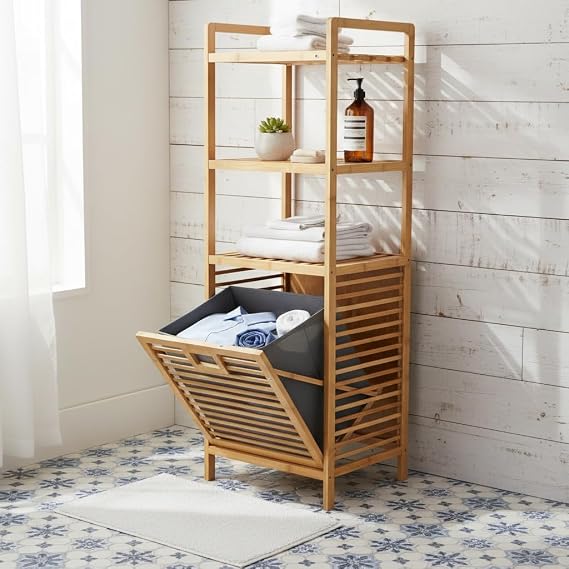 Deconox Doğal Bambu 3 Katlı Banyo Rafı ve Çamaşır Sepeti Havluluklu Ahşap Düzenleyici (40x30x119 cm)