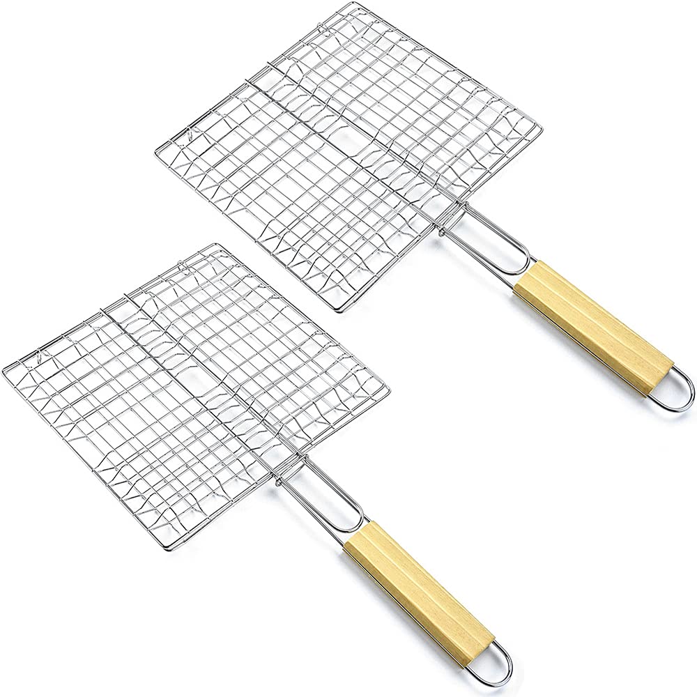 2 Pièces Panier Grille Barbecue Pliable - Griller Poisson Et Légumes, Manche Bois, Intérieur Extérieur, Argent 42x23cm