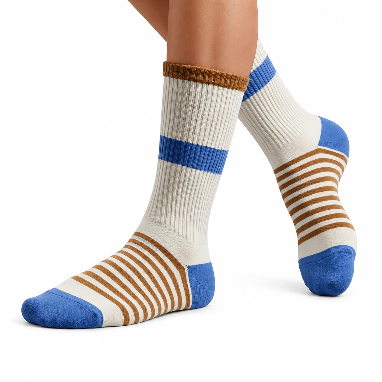 feet by foot Unisex Crew Socks – Beige, Blue & Brown Striped Design-picture-54
