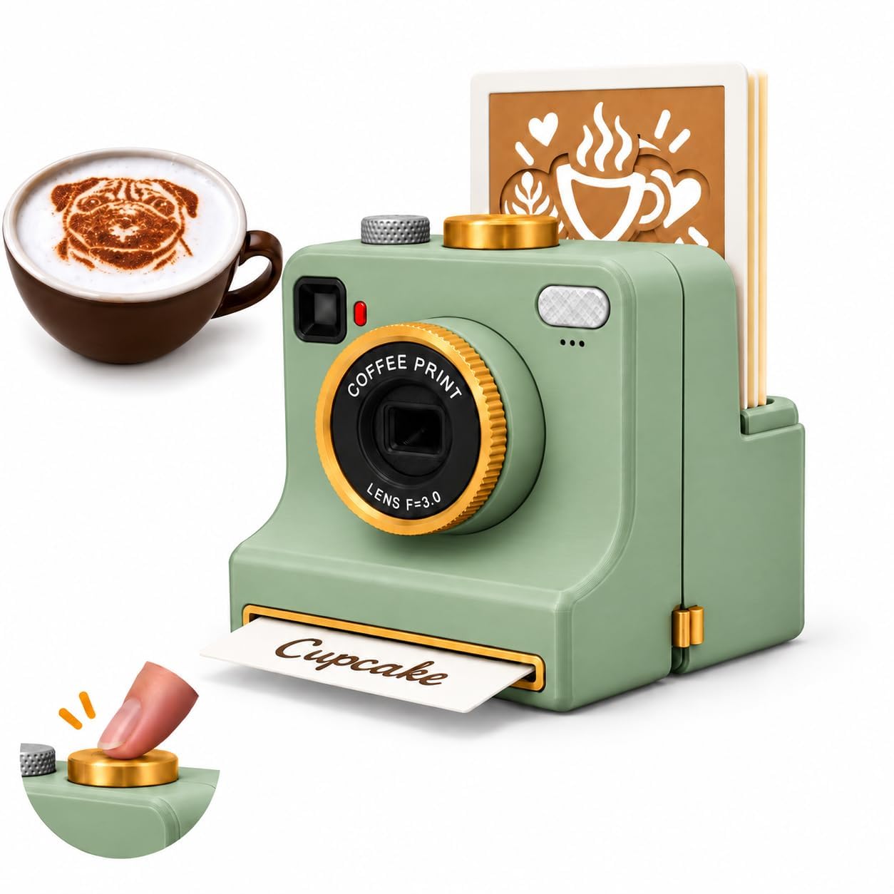 Coffee Printer, Mechanical Latte Art Stencil Camera with 4 Cards (Green)