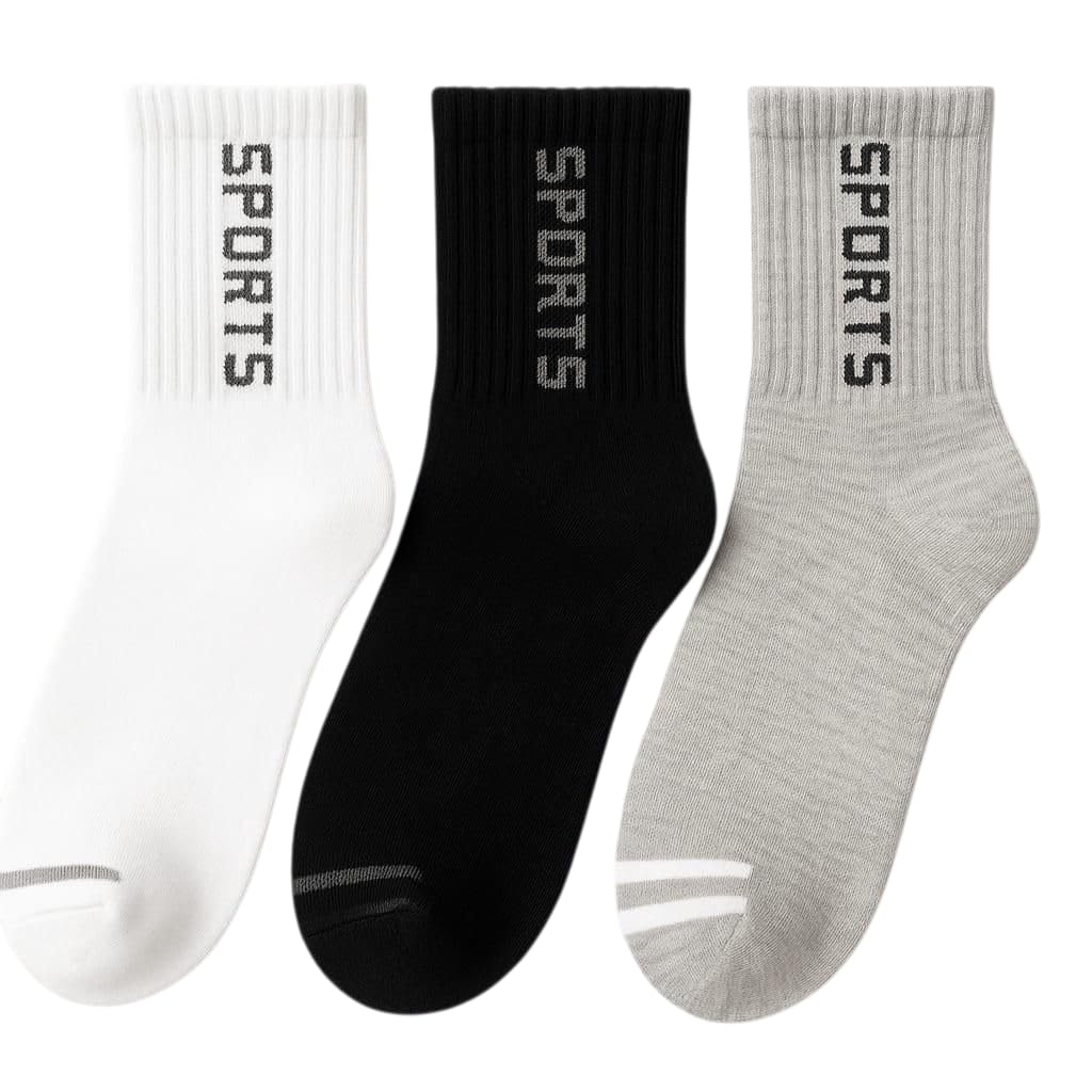 Trendy Athletic Crew Socks, Cotton Sports Socks for Men, White Black Grey, 3 Pairs (Mens sport sockes pack of 3_tm)-picture-27
