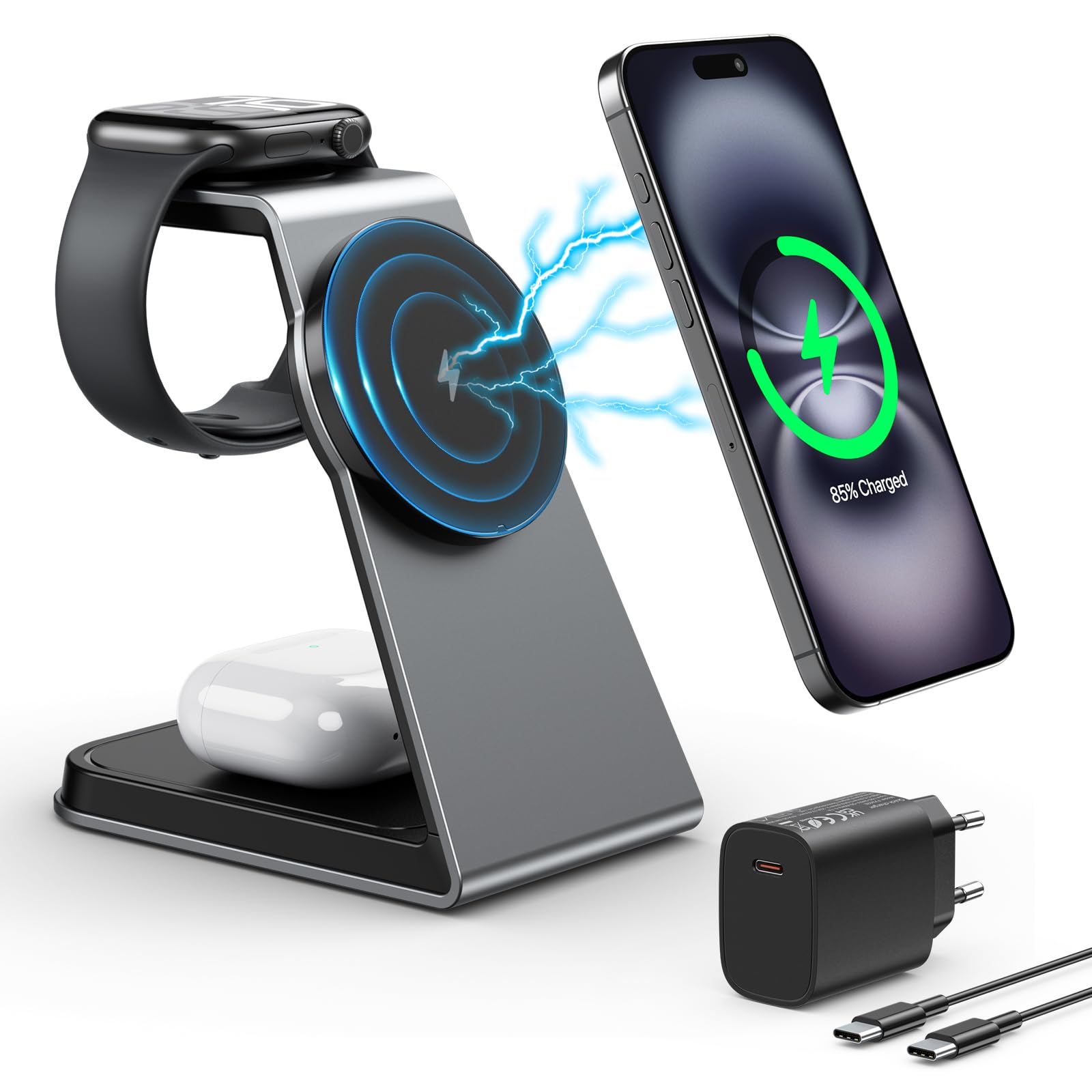 3 IN 1 Ladestation für Apple Watch und iPhone, Induktive Ladestation auch geeignet für Airpods Pro 3 2, Kabelloses Ladegerät für iPhone 16 15 14 13 12 Serie(Grau)