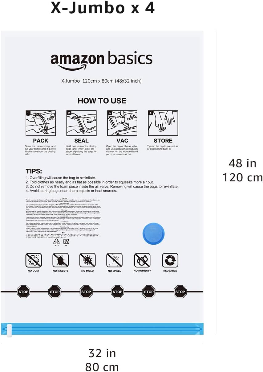Amazon Basics Vacuum Compression Space Saving Storage Bags with Hand Pump for Clothes Packing, Ideal for Blankets, X-Jumbo Pack of 4 - Image 7