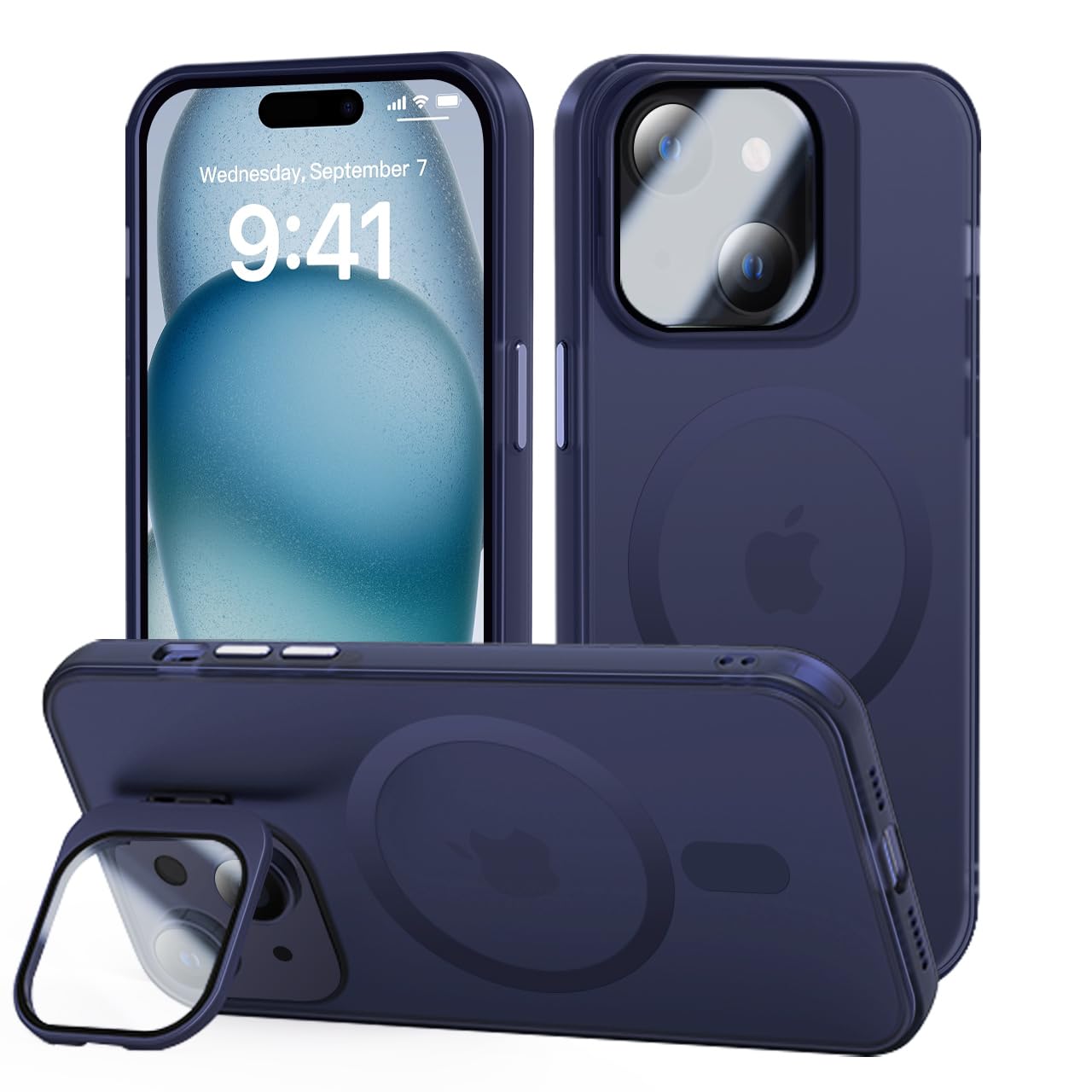 tigratigro Cover con Cavalletto,Compatibile con iPhone 15 Plus,Protezione Fotocamera H9 vetro temperato,Custodia Posteriore Glassata Traslucida, Anti-Impronte,Sensazione di Velluto (Azzurro Navy)