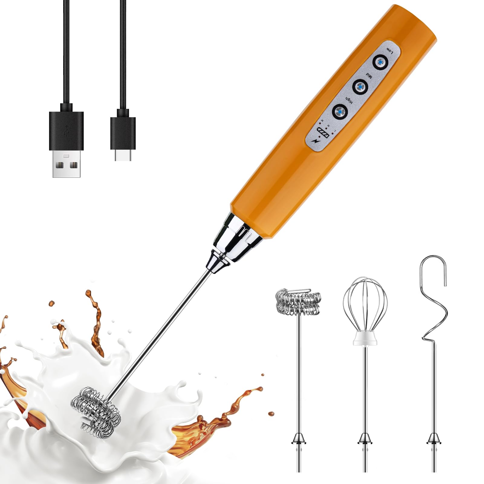 YUSWKO Mousseur à lait portable pour café, mélangeur de boisson rechargeable avec 3 têtes et 3 vitesses - Fouet électrique pour latte, cappuccino, chocolat chaud, œuf - citrouille