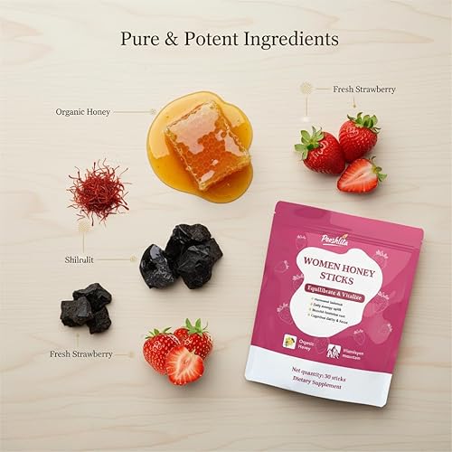 Miniatura 4 de Palitos de miel Shilajit para mujer con shatavari y azafrán para equilibrio hormonal, concentración y resistencia, palitos de miel de fresa