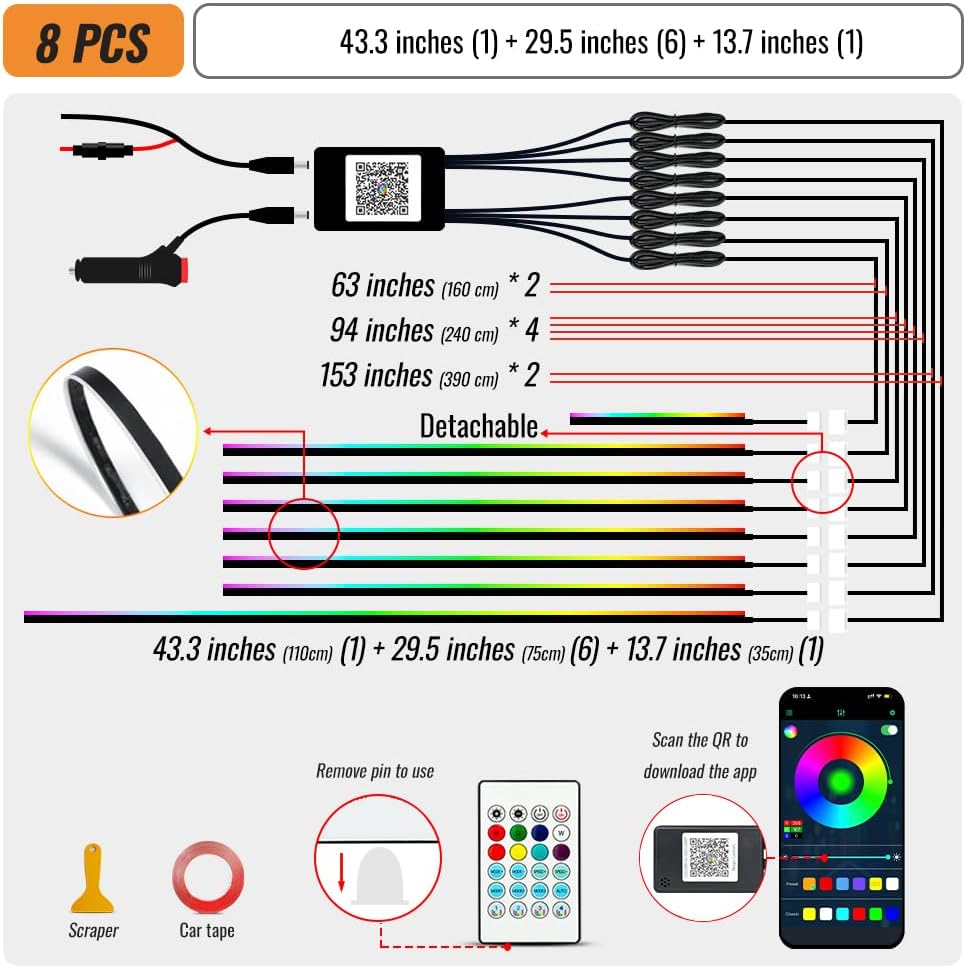 Ambient Lighting Car Led Lights Interior Kit,8 in 1 RGB Music Sync Acrylic Led Lights for Car Interior,234 inches DIY Fiber Optic Neon Accent Strip Ambiance Lighting with Wireless APP Remote