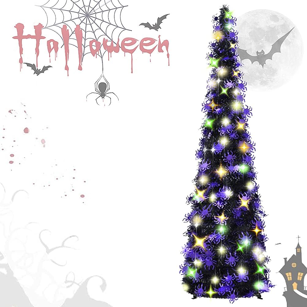 EEX 5ft Black Tinsel Halloween Christmas Tree with Plump Shiny Spider Sequins,Sequin Pensil Tree for Apartment Home Office Store Holiday Decorations with 100 Color Lights, 3 Battery Operated 2 Modes