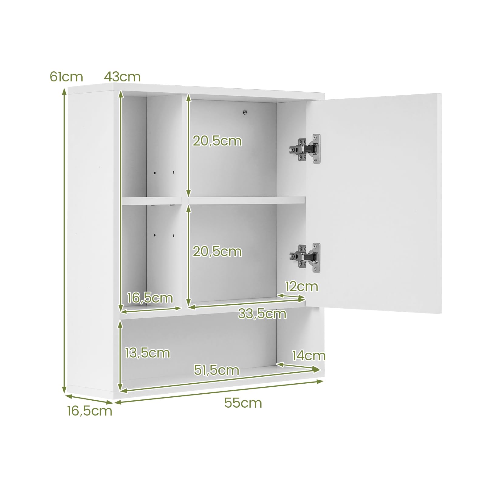 LIFEZEAL Armadietto da Parete per Bagno con Specchio, Mobile per Bagno con Mensola Regolabile e Rimovibile, Scomparto Aperto, Porta a Specchio, per Soggiorno, Ingresso, 55 x 16 x 61 cm (Bianco) - 2