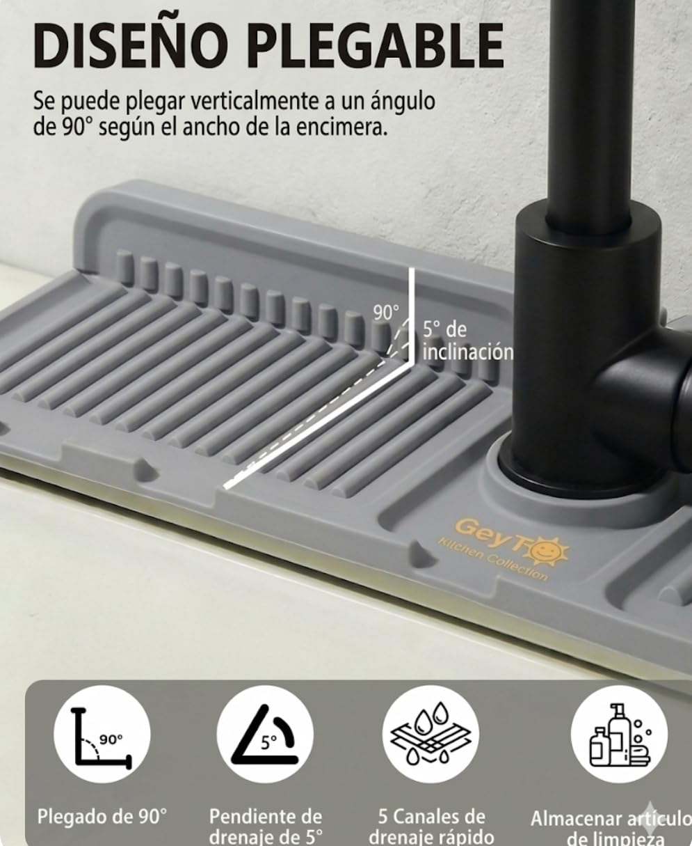 Genérico Protector Salpicaduras Fregadero Pack de 2, Protector Grifo Fregadero de Silicona, Libre de BPA, con Drenaje Rápido, Alfombrilla Antigoteo para Cocina y Baño, 38 x 12 cm, Gris — view 5