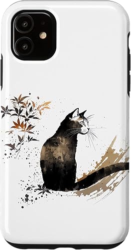 iPhone 11 lindo gato hojas de bambú Sumi-e pintura arte japonés Neko caso