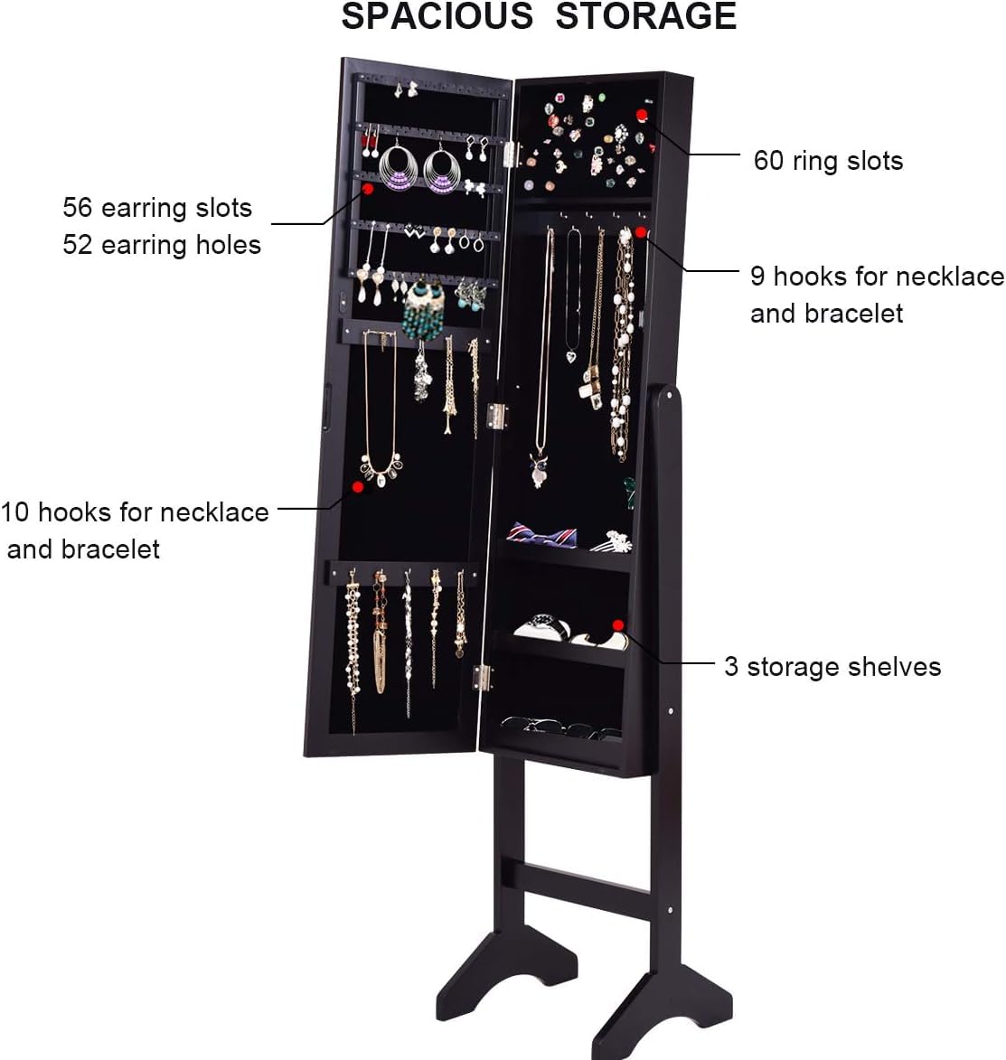 RELAX4LIFE Armoire à Bijoux sur Pieds avec Miroir Pleine Longueur HD, Miroir Rangement Bijoux Inclinable avec Cadre Strass, Grande Capacité pour Colliers Bracelets Boucles d’Oreilles (Noir)