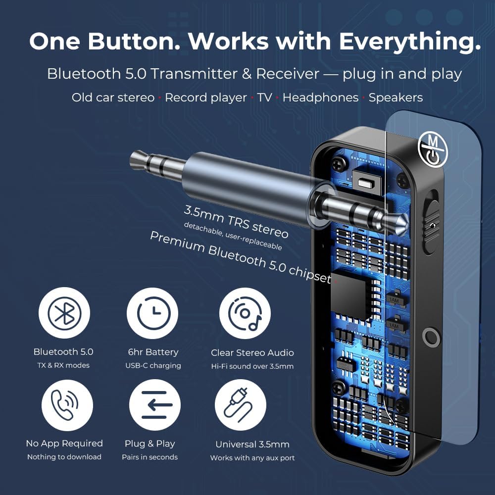 C28 Bluetooth 5.0 Transmitter Receiver, 2-in-1 Wireless 3.5mm Aux Adapter for Old Car Stereo, TV, Record Player, Headphones & Speakers – Plug & Play, No App Needed