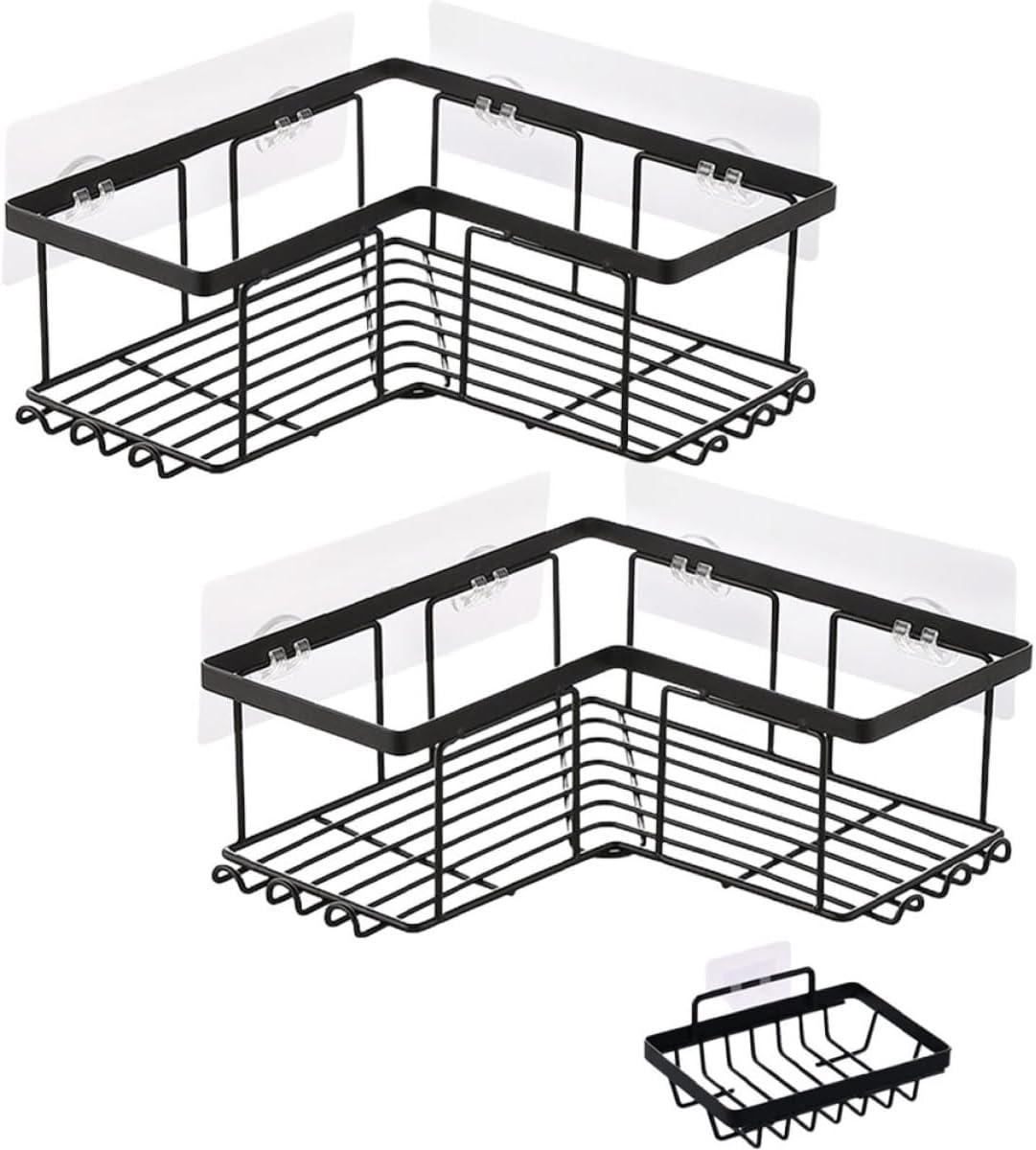 KICHOUSE Corner Shower Organizer Set 3pcs Adhesive Wall-mounted Shelf Black Bathroom Shower Caddy with Soap Holder for Bathtub Corner Storage No Drilling