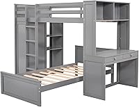 Vista 6 de DEINPPA Litera de madera individual sobre individual con escritorio integrado, cama individual alta con tres cajones, litera inferior convertible