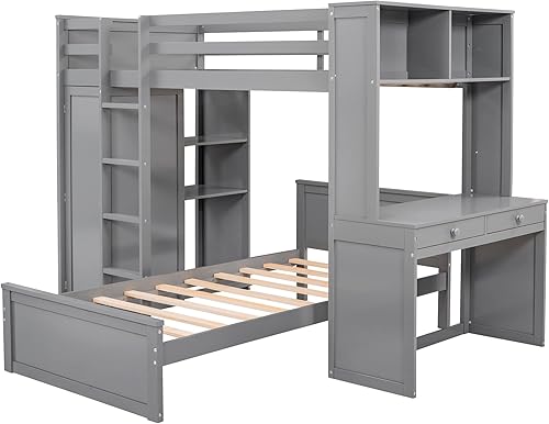 Miniatura 6 de DEINPPA Litera de madera individual sobre individual con escritorio integrado, cama individual alta con tres cajones, litera inferior convertible,